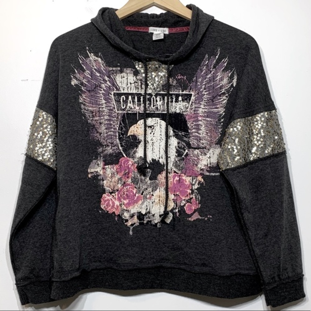 California Winged Eagle Floral Graphic Hoodie Pullover Sweatshirt Gray Large‎